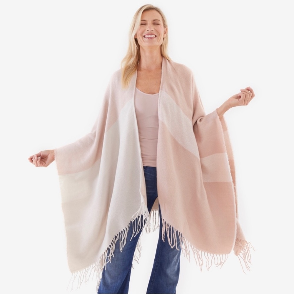 Soia & Kyo Scarf Cardigan Wrap Mirel Woven Fringe Blanket Cream /White Scarfigan